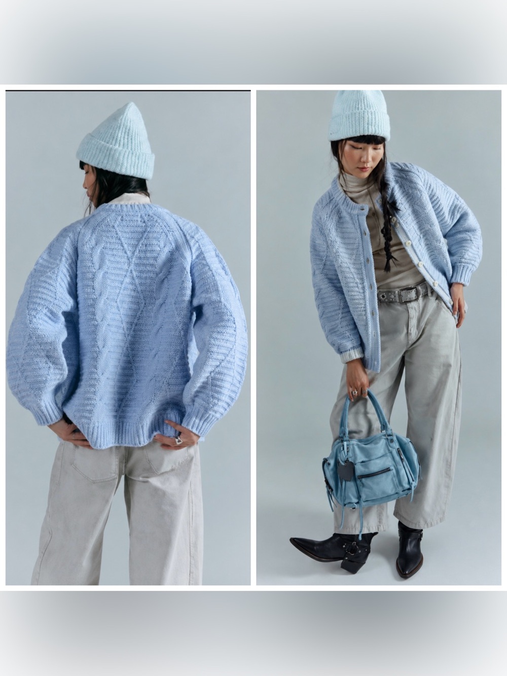 Free People Sea Washed Cable Knit Cardi Cardigan Sweater Blue Iris Small Chunky
